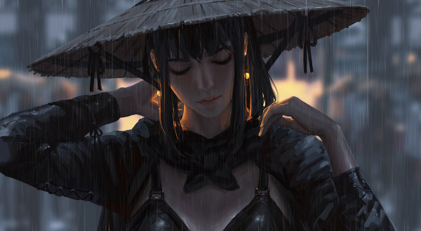 General 1800x986 fantasy girl artwork digital art Asian long hair GUWEIZ women digital painting black bras depth of field rain hat straw hat