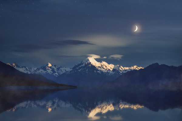 General 6000x4000 photography reflection landscape night nightscape New Zealand Mount Cook Moon mountains peak lake water