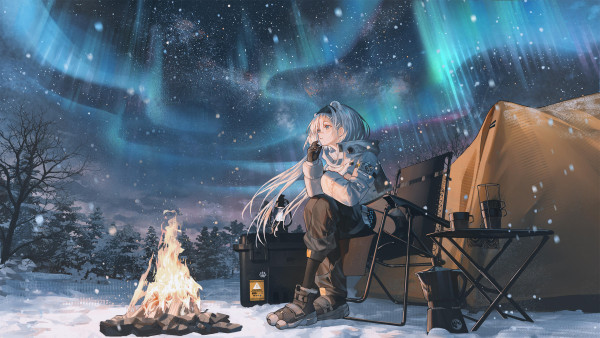 Anime 2560x1440 Pixiv anime anime girls Arknights Aurora (Arknights) sky aurorae looking away campfire snowing