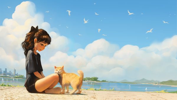 General 3840x2160 Sam Yang artwork cats ponytail beach girl sitting on ground sky clouds water sitting smiling necklace bent legs animals digital art