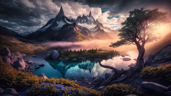 General 7680x4320 reflection clouds water snow trees mountains flowers nature sunset sunset glow sunlight rocks sky AI art snowy mountain lake