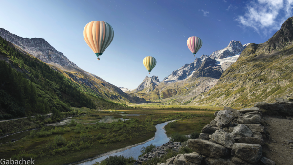General 2560x1440 Gabachek hot air balloons mountains gorge landscape sky clouds stars river stones nature forest photo manipulation HDR CGI watermarked sun rays snow photoshopped