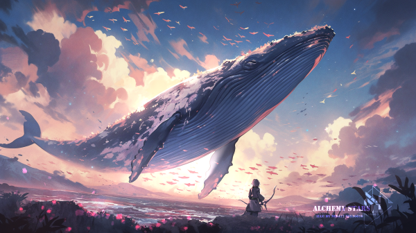 General 2912x1632 Pixiv whale flying whales Alchemy Stars digital art watermarked