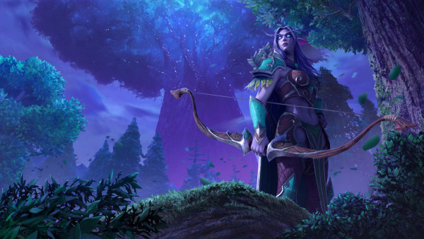 General 1920x1080 Warcraft night elves archer night forest video games standing Warcraft III: Reforged trees video game characters bow video game girls pointy ears glowing eyes leaves sky clouds arrows belly