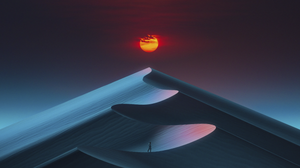 General 3240x1822 digital art artwork illustration nature landscape desert dunes sand men alone sky Sun