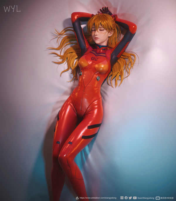 Anime 3840x4365 Sean WangYalong CGI women Asuka Langley Soryu red bodysuit Neon Genesis Evangelion